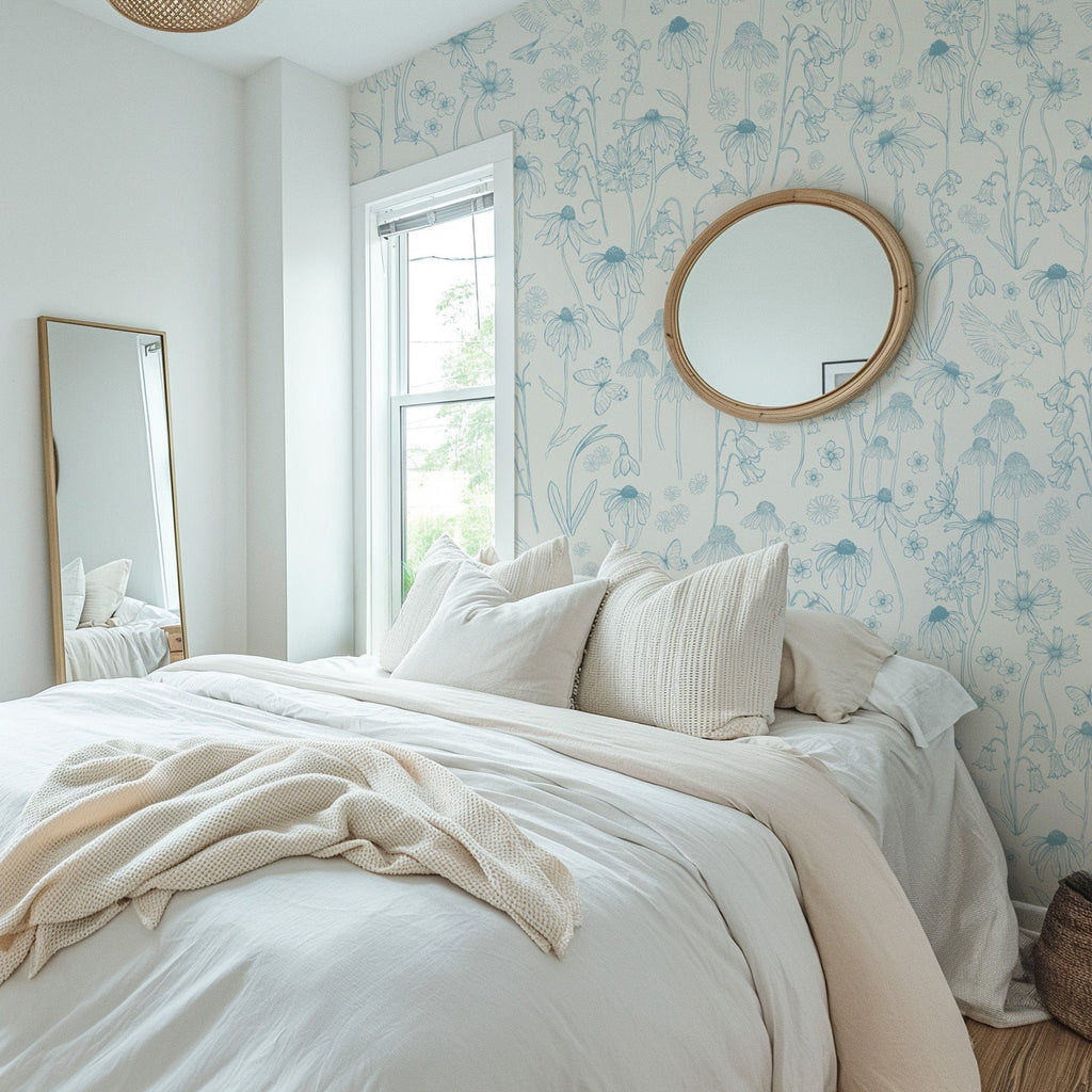 Melody floral wallpaper featuring romantic blue, white, pink, and beige botanical print.