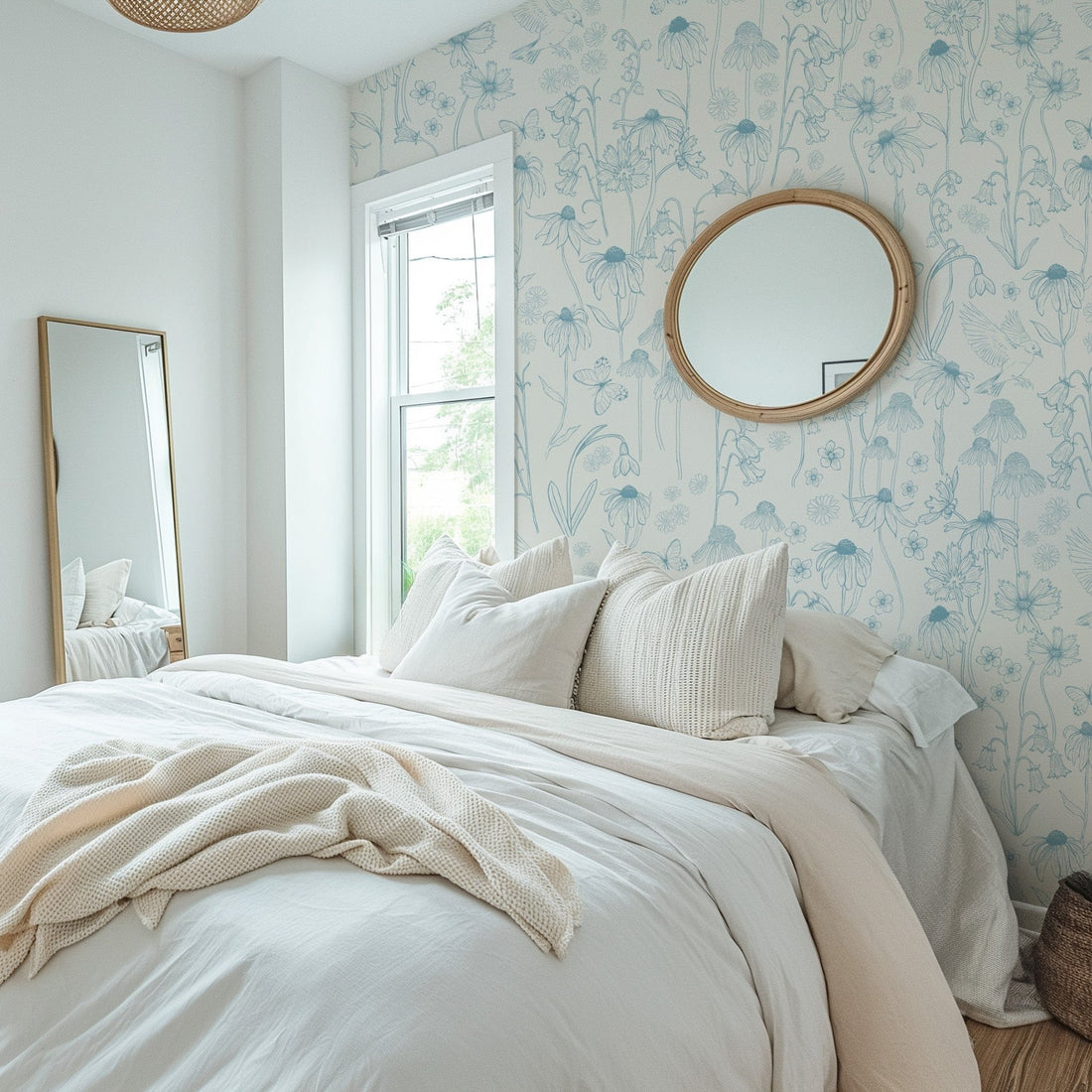 Melody floral wallpaper featuring romantic blue, white, pink, and beige botanical print.