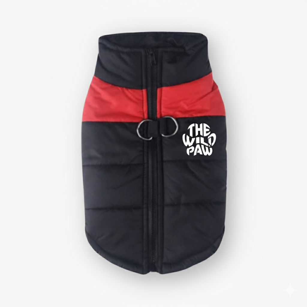 Black and red quilted dog vest with front zipper closure and D-ring harness attachment point.