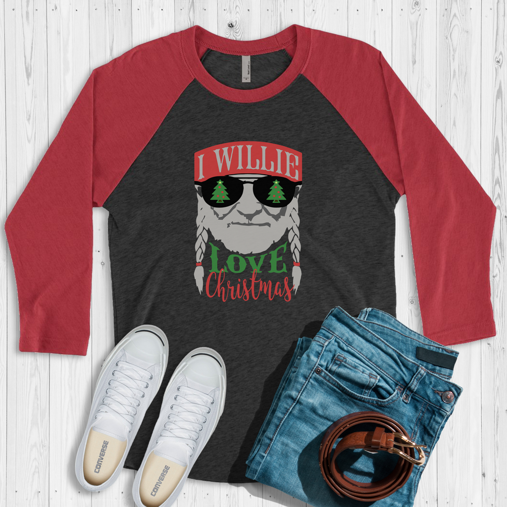 Charcoal and red 3/4 sleeve raglan shirt featuring a Willie Nelson holiday graphic design