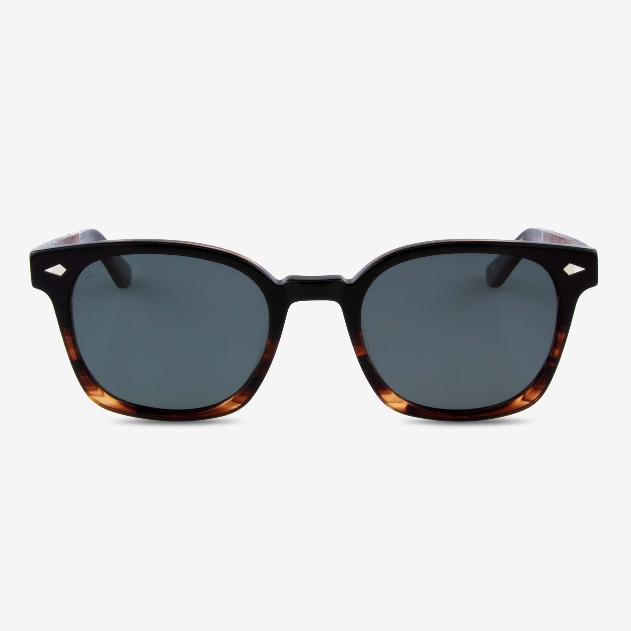 Williston round sunglasses with acetate and wood frame featuring arrow rivet design.