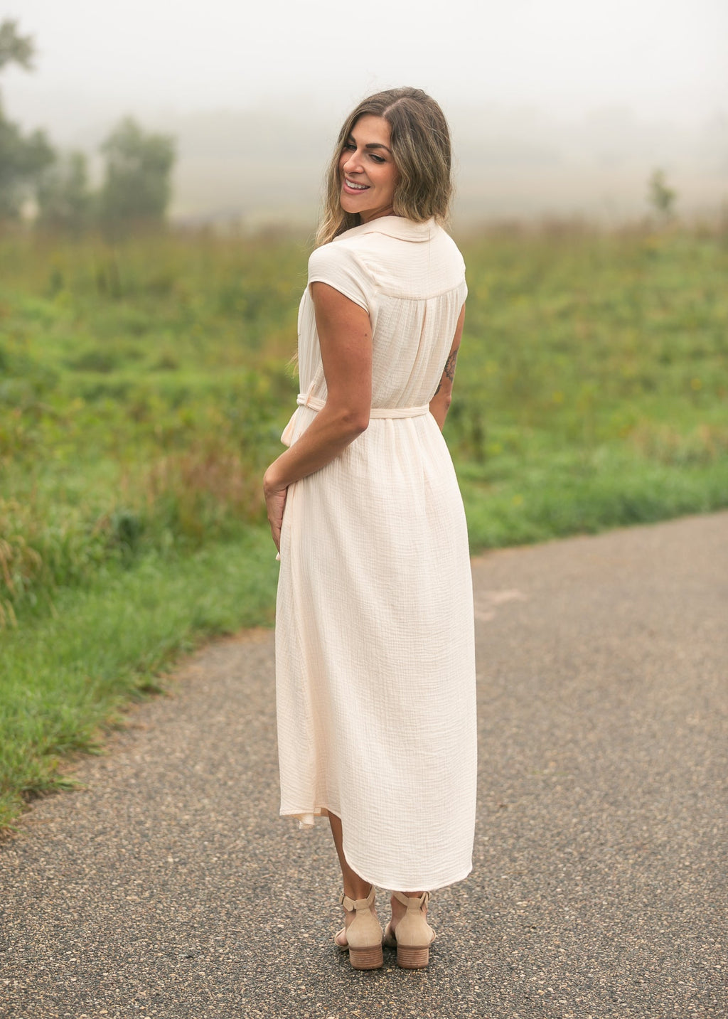 Willow Blush Pink Cotton Gauze Cap Sleeve Midi Shirt Dress