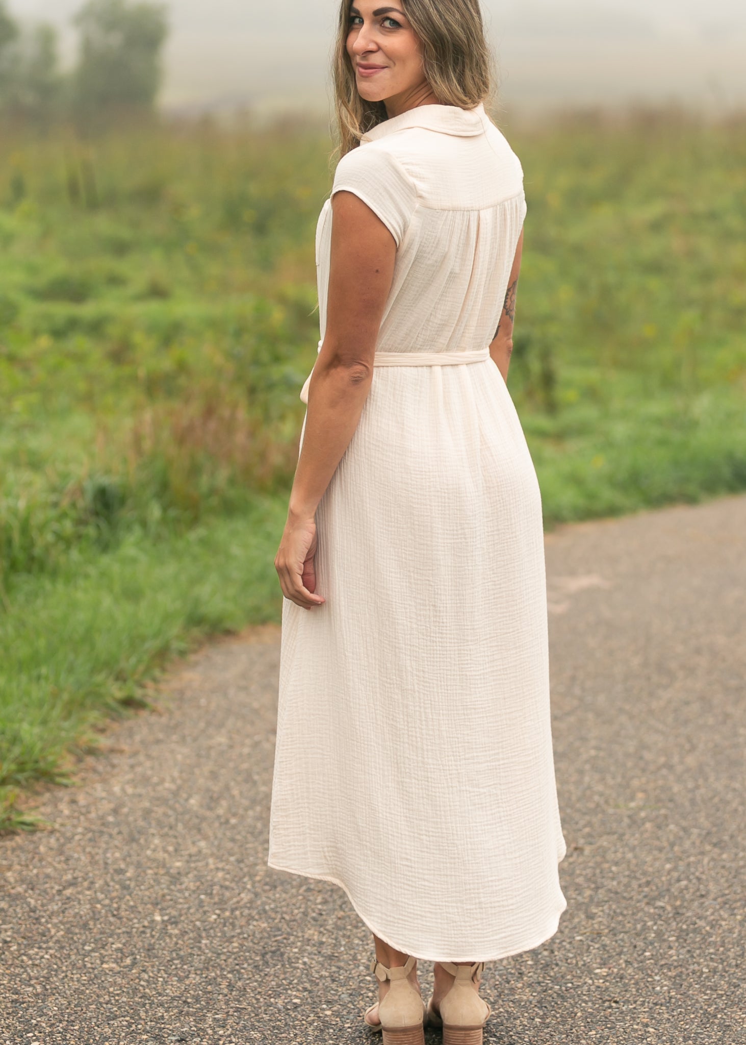 Willow Blush Pink Cotton Gauze Cap Sleeve Midi Shirt Dress