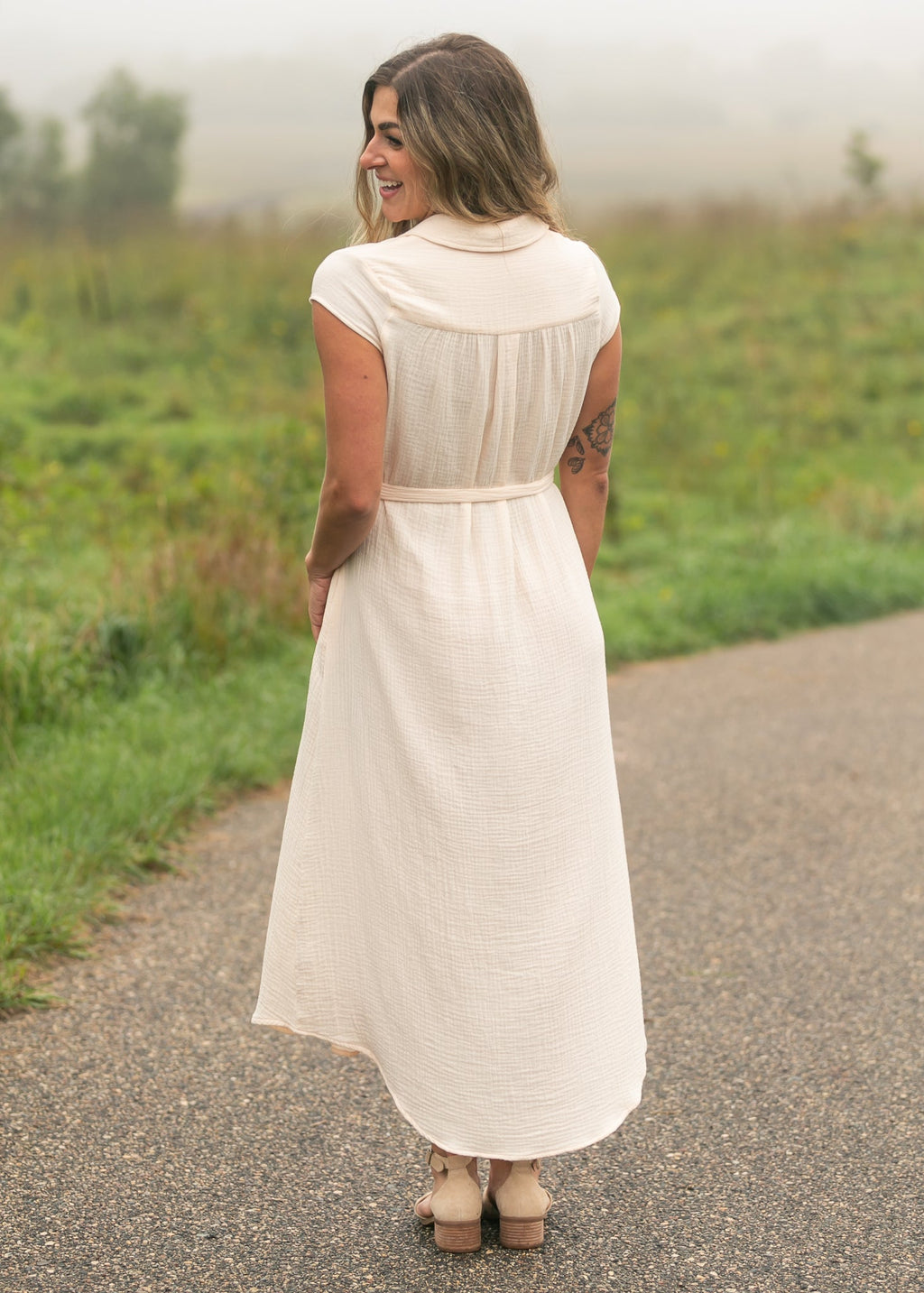 Willow Blush Pink Cotton Gauze Cap Sleeve Midi Shirt Dress