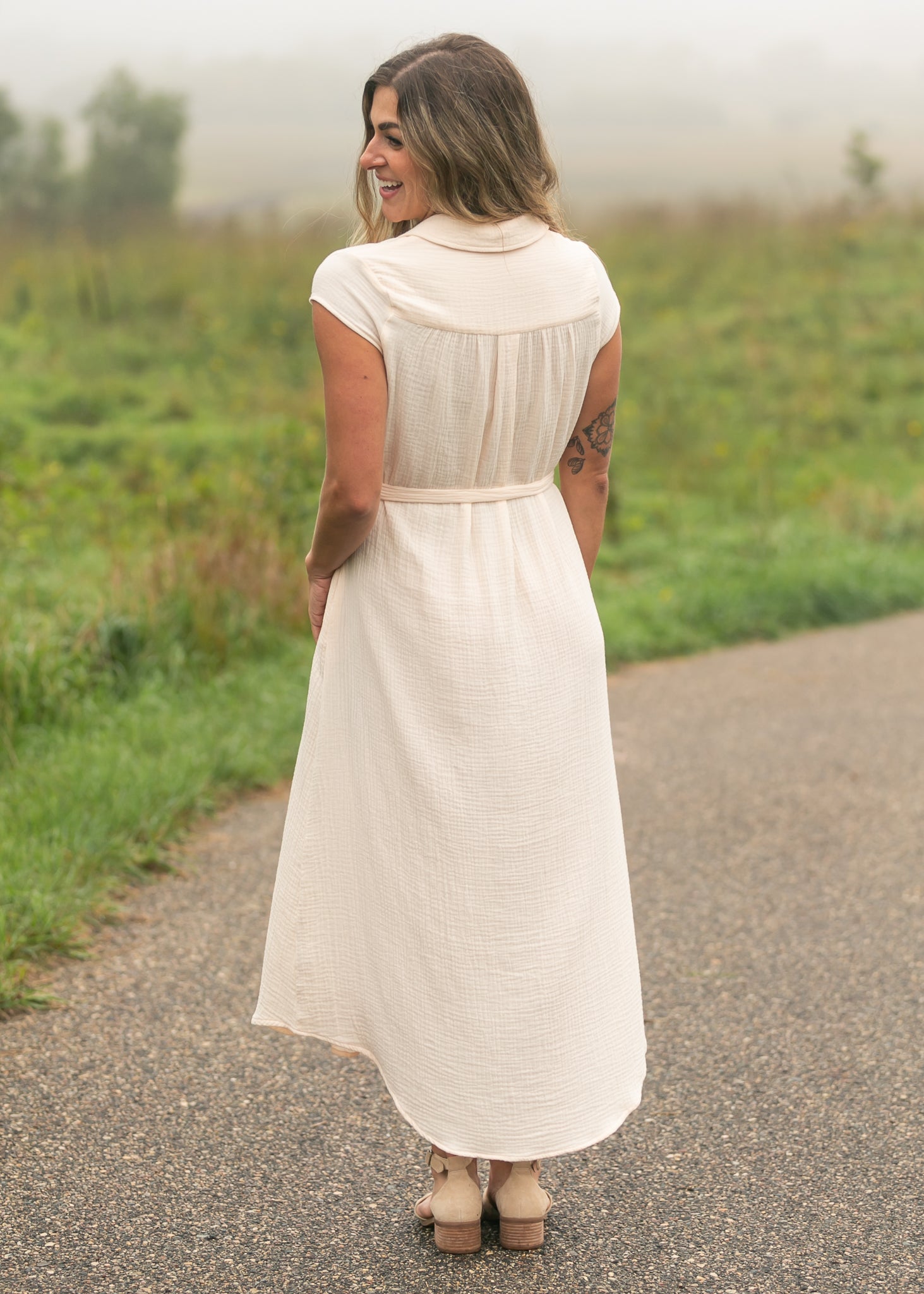 Willow Blush Pink Cotton Gauze Cap Sleeve Midi Shirt Dress