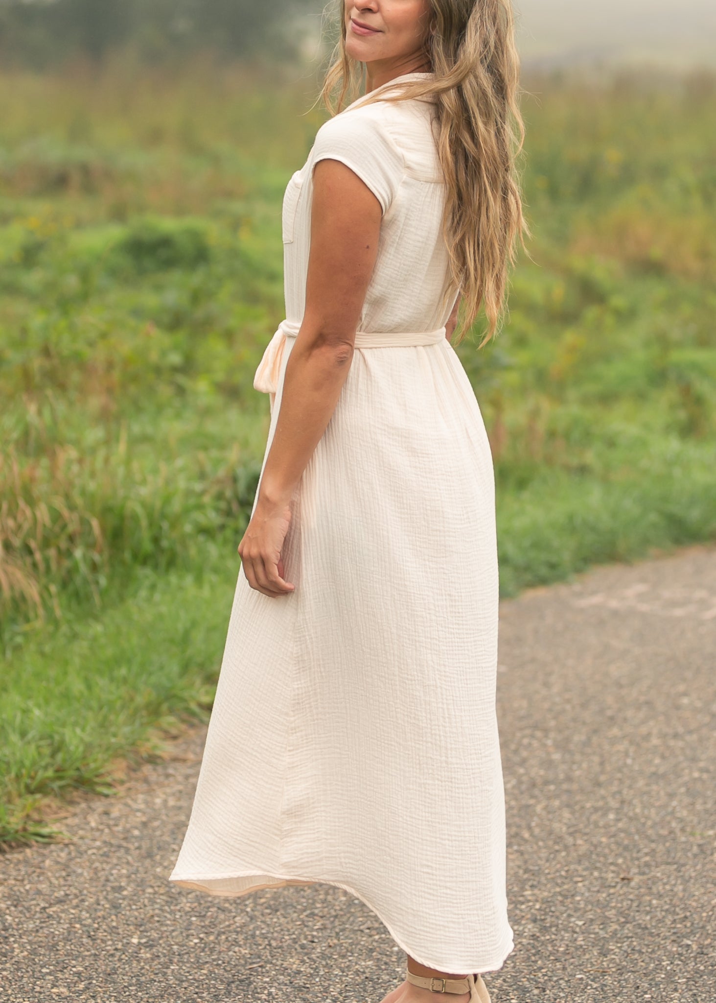 Willow Blush Pink Cotton Gauze Cap Sleeve Midi Shirt Dress