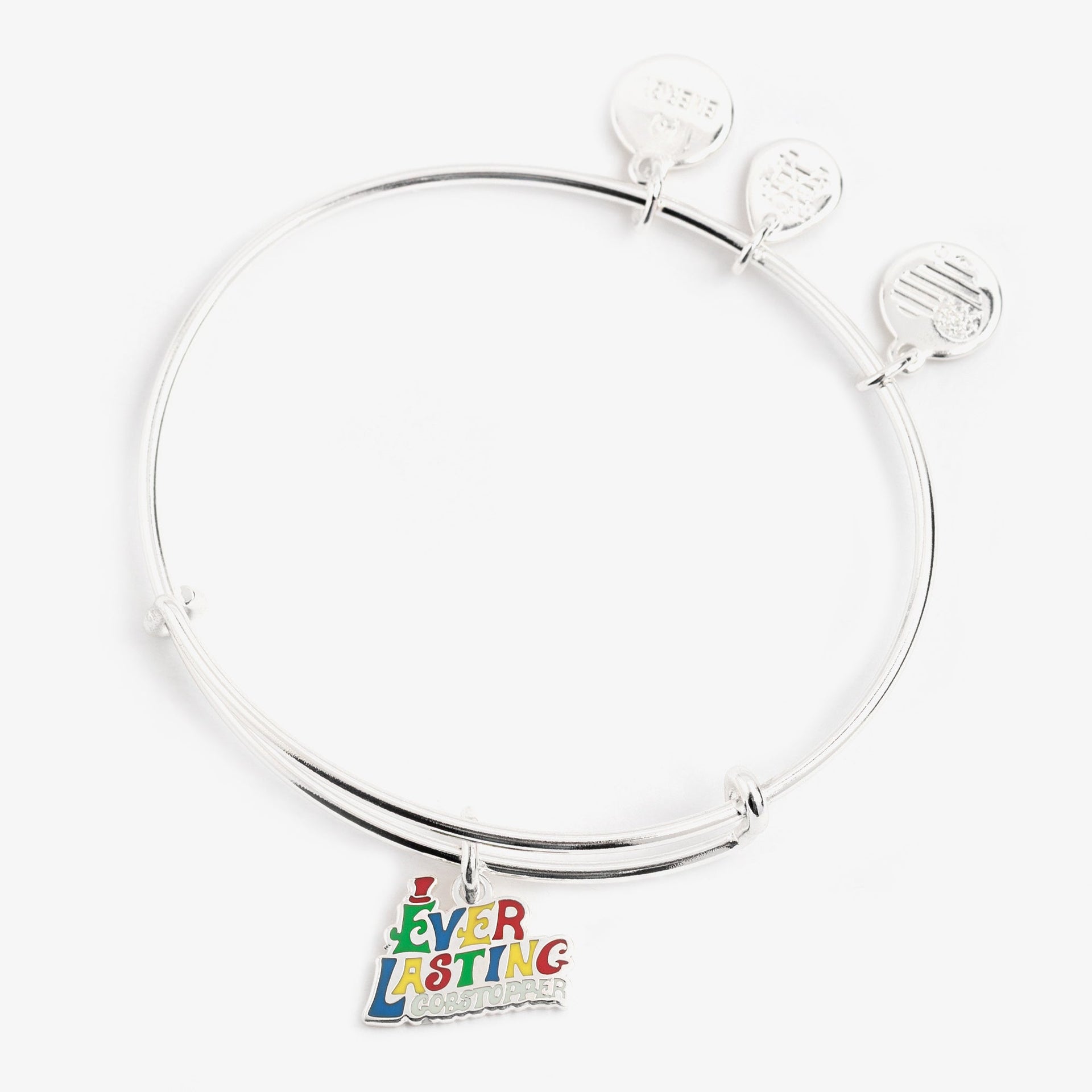 Willy Wonka 50th Anniversary charm bangle featuring a multi-color Ever Lasting Gobstopper charm in silver-tone.