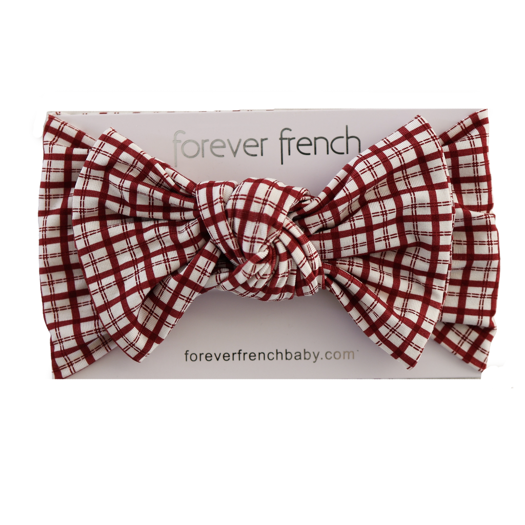 Red Window Pane Bamboo Baby Head Wrap with Knot Detail - Image 5