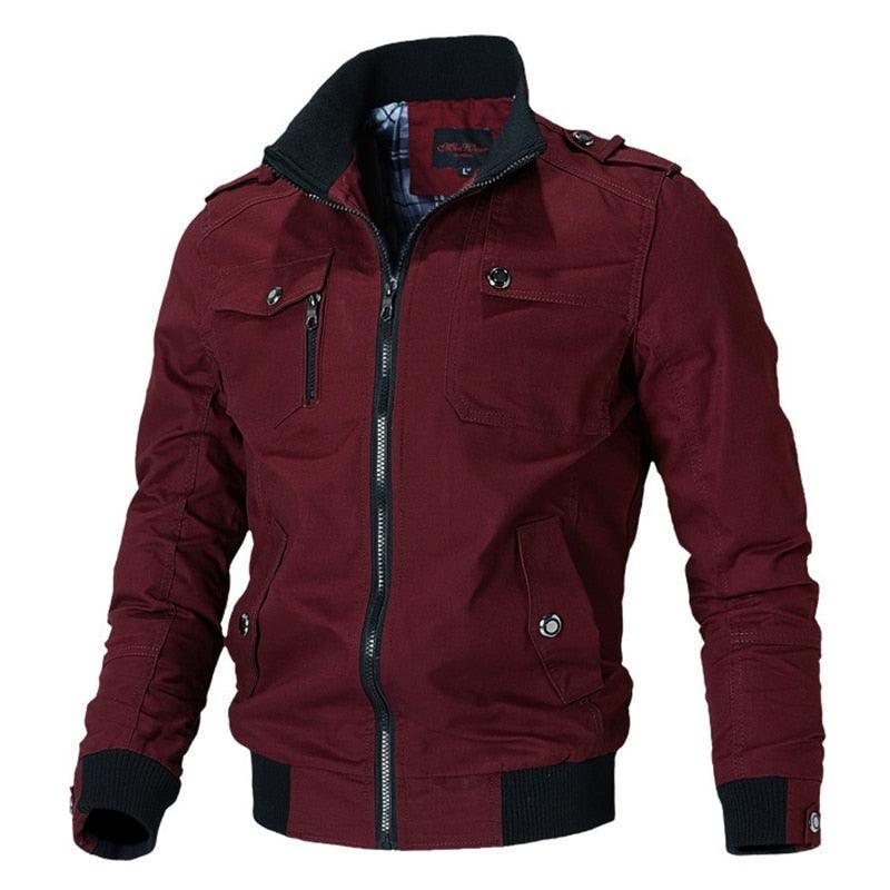 Men's slim fit red bomber windbreaker jacket with button details