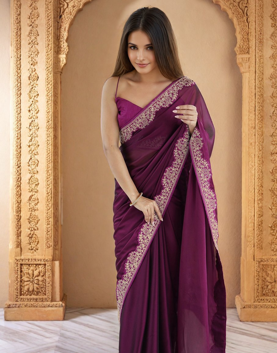 Wine Rangoli Silk saree with decorative coding lace embroidery work