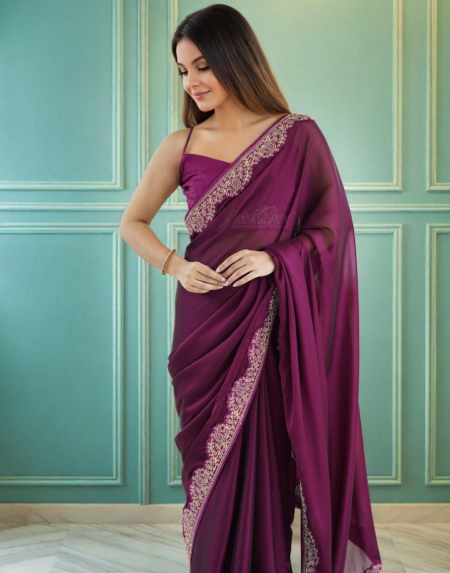 Wine Rangoli Silk Saree with Elegant Coding Lace Embroidery