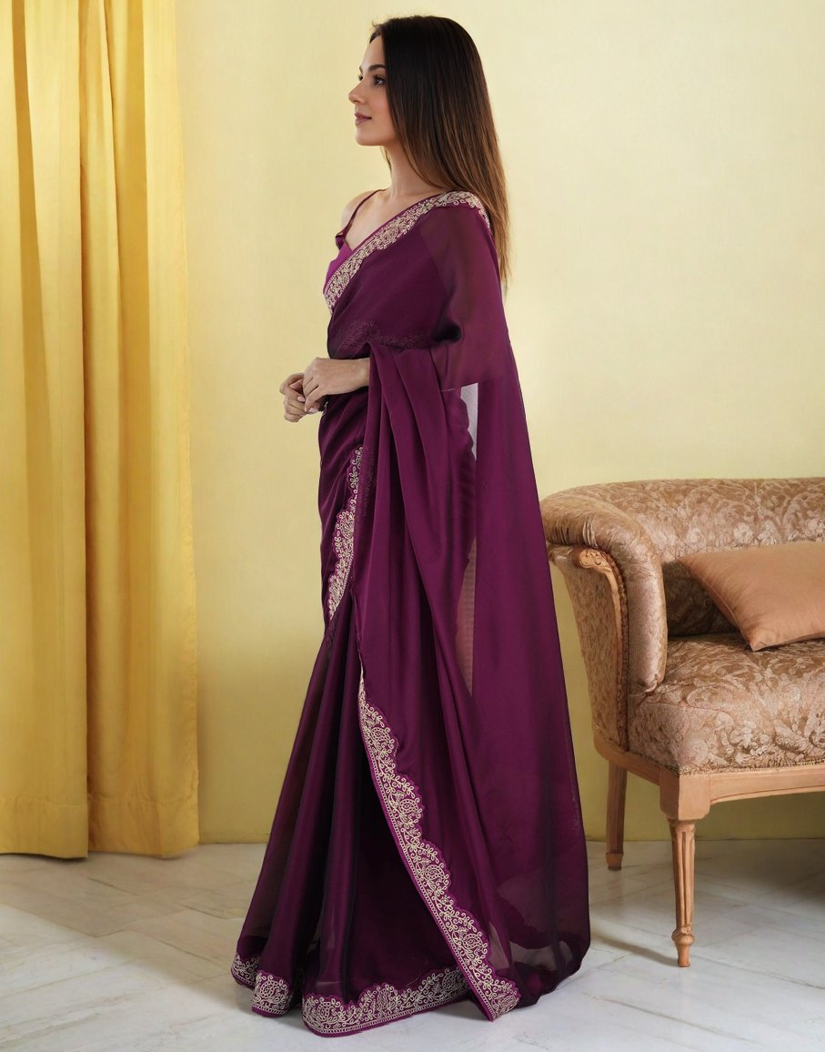 Wine Rangoli Silk Saree with Elegant Coding Lace Embroidery
