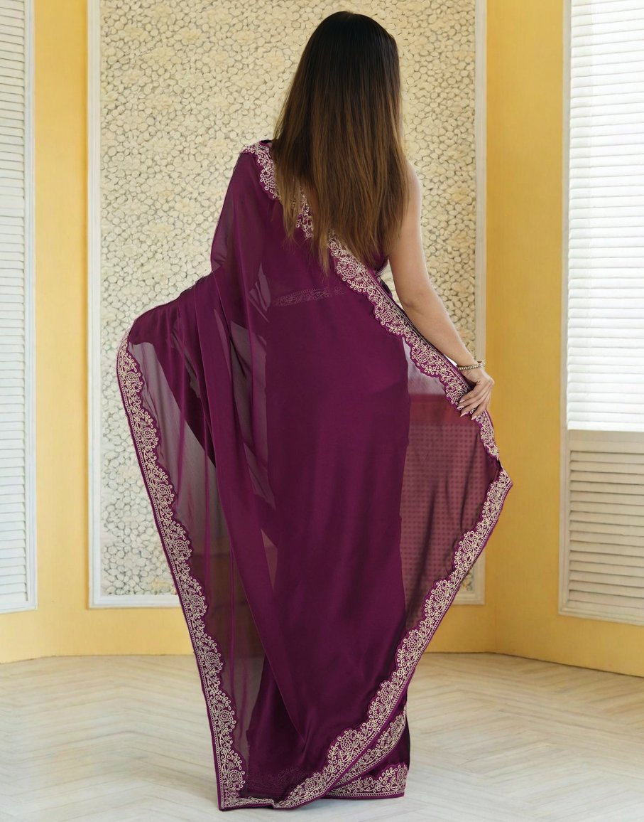 Wine Rangoli Silk Saree with Elegant Coding Lace Embroidery