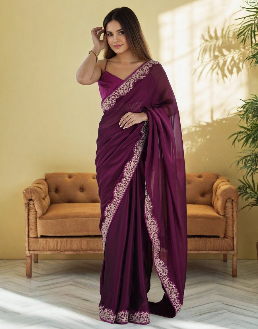Wine Rangoli Silk Saree with Elegant Coding Lace Embroidery