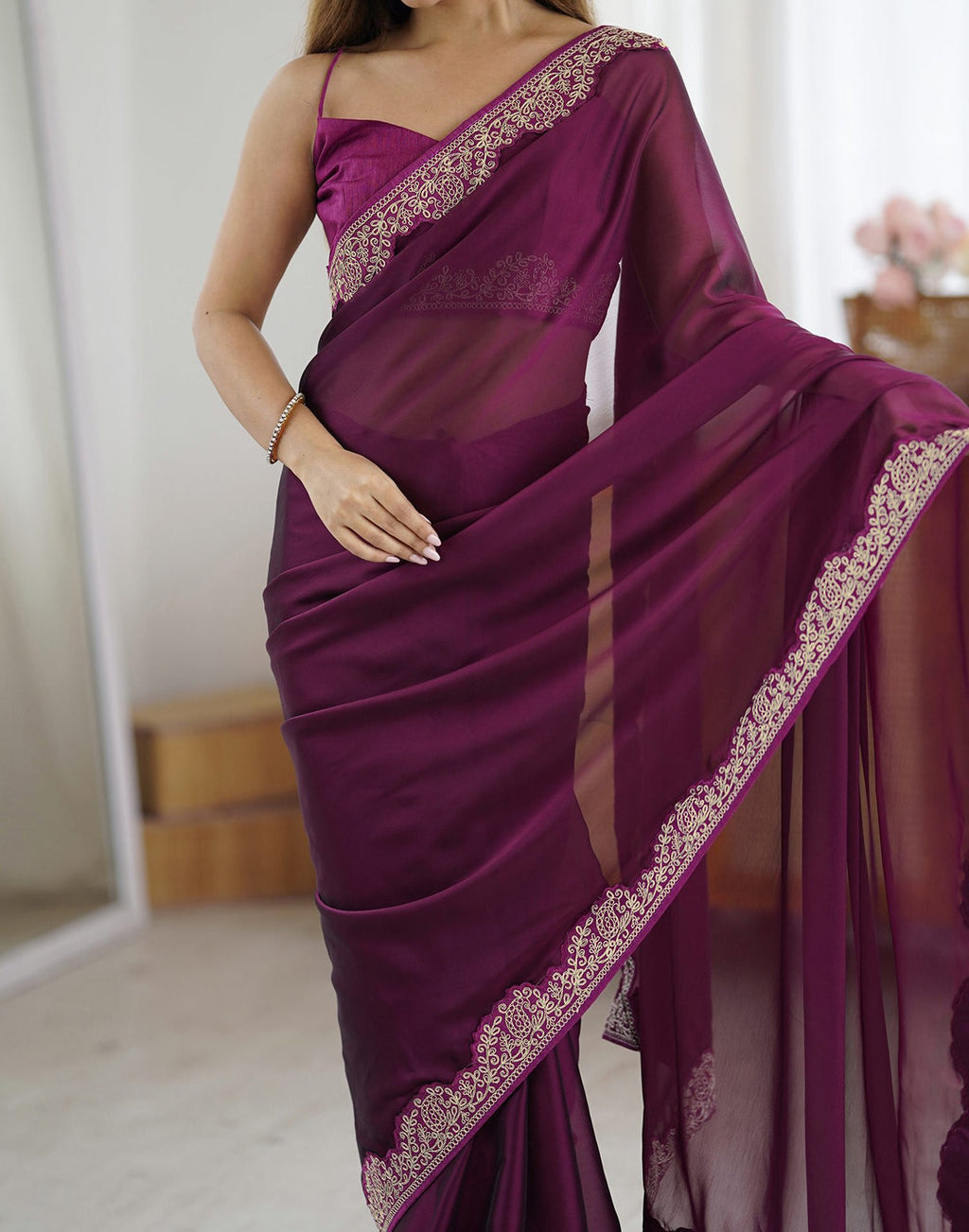 Wine Rangoli Silk Saree with Elegant Coding Lace Embroidery
