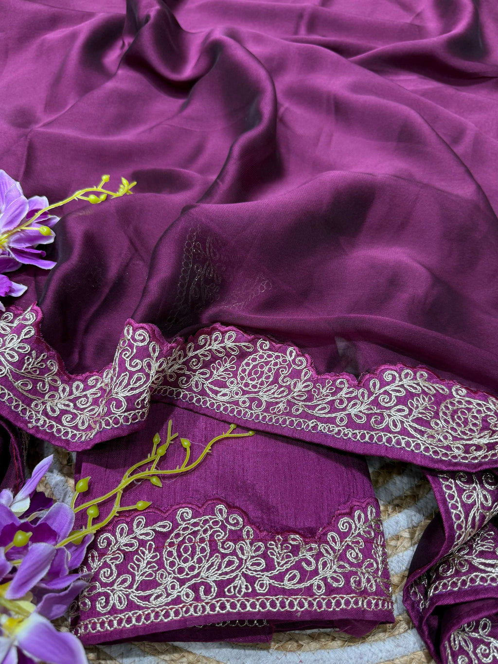 Wine Rangoli Silk Saree with Elegant Coding Lace Embroidery