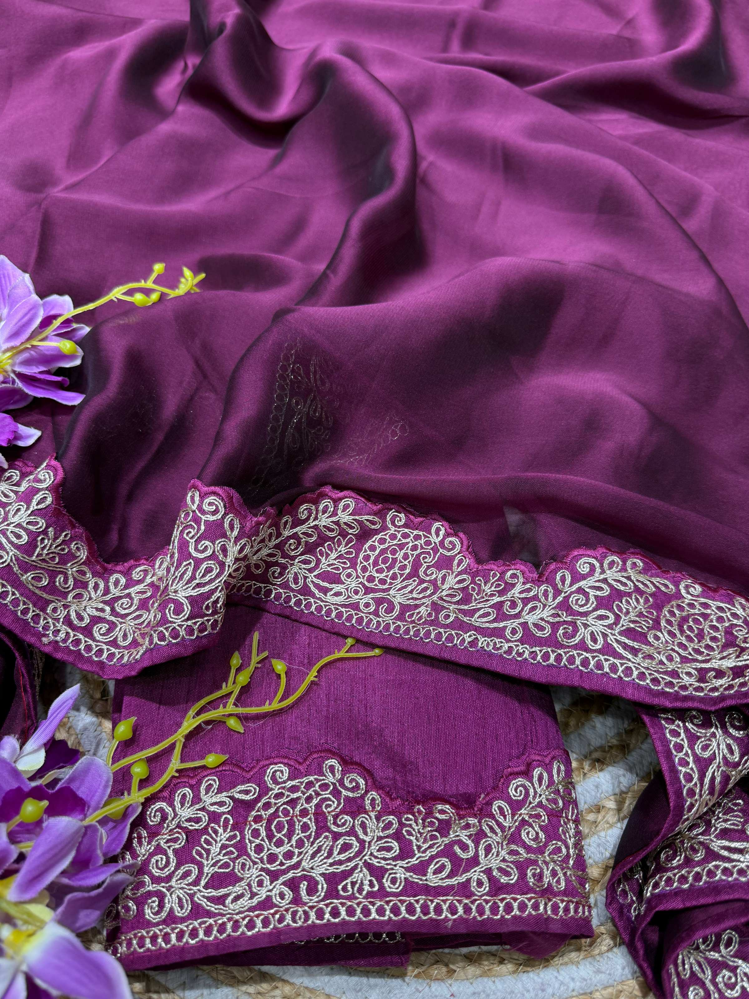 Wine Rangoli Silk Saree with Elegant Coding Lace Embroidery