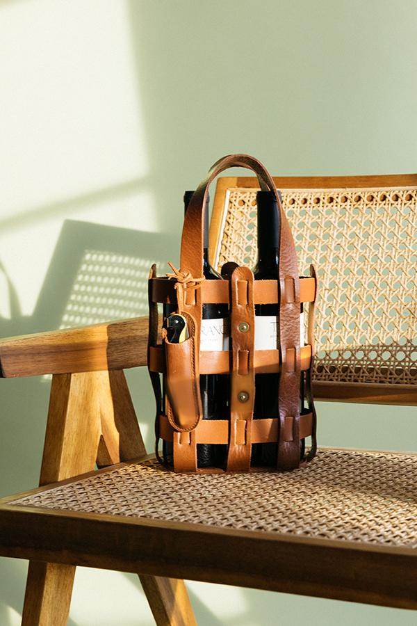 Leather Wine Tote for Two, Tan or Black