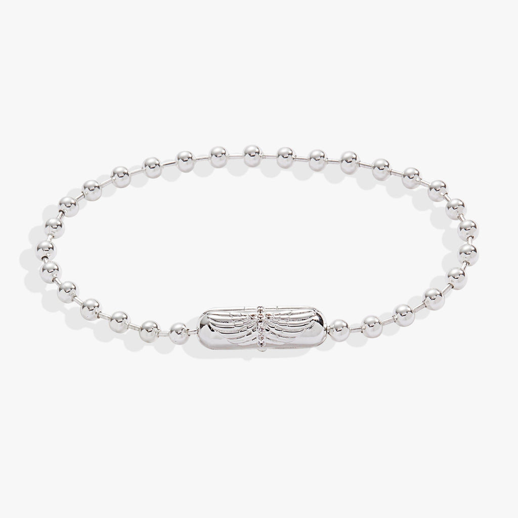 Silver Wings and Crystal Cross Barrel Closure Ball Chain Bracelet