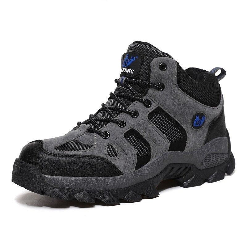 Men's leather winter hiking boots in grey, black, and olive-green with fur lining and lace-up design.