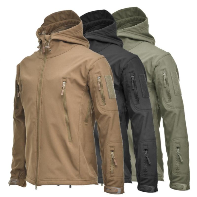 Men's waterproof camouflage hooded tactical jacket for winter outdoor activities.