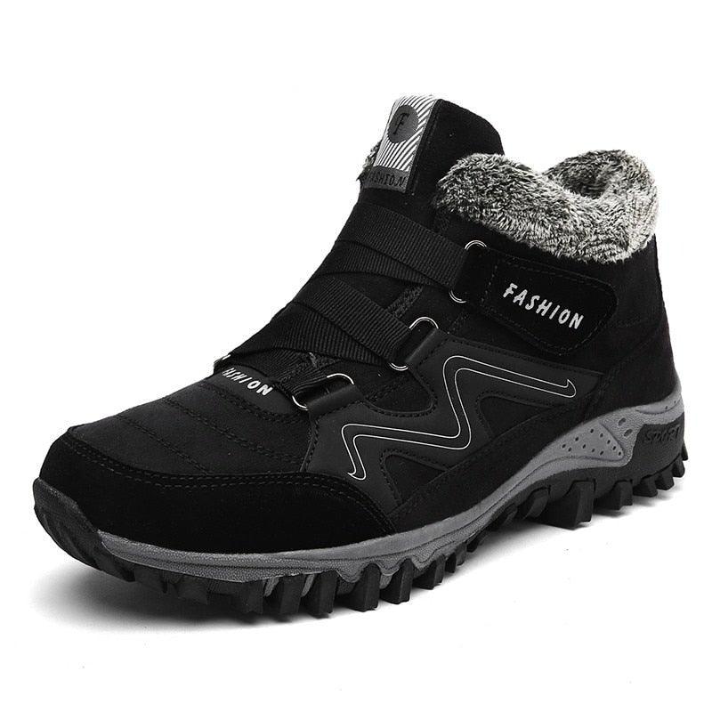 Men's grey fur-lined winter snow boots with a durable anti-slip sole for cold weather.