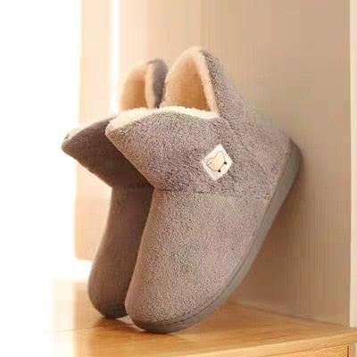 Cozy grey and pink knit cotton house slippers with closed back and memory foam lining