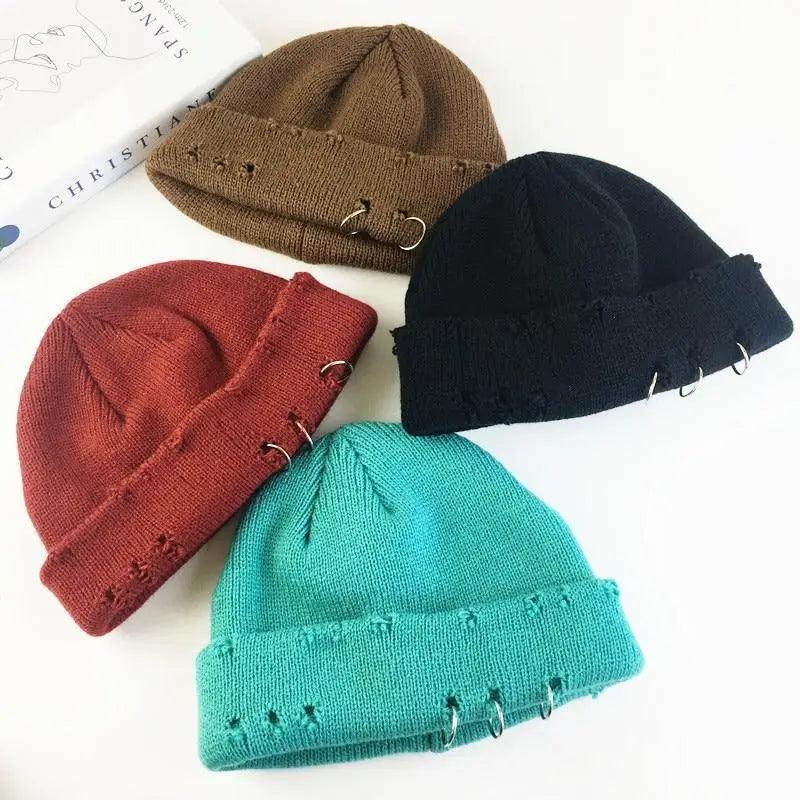 A thick, knitted unisex winter beanie in a hip hop style, showing soft texture and cozy fit.