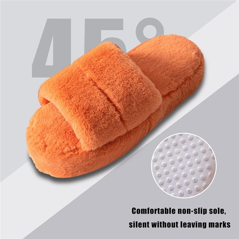 Women's Plush Faux Fur Open Toe Slippers, Soft Memory Foam House Shoes