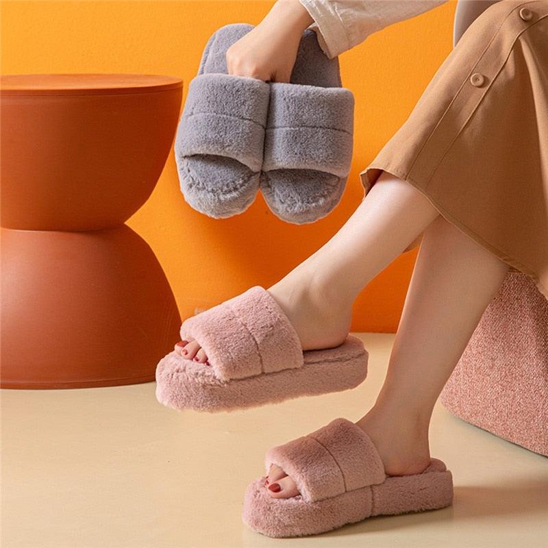 Women's Plush Faux Fur Open Toe Slippers, Soft Memory Foam House Shoes