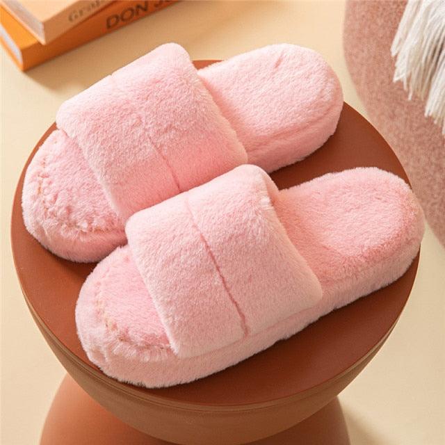 Women's Plush Faux Fur Open Toe Slippers, Soft Memory Foam House Shoes