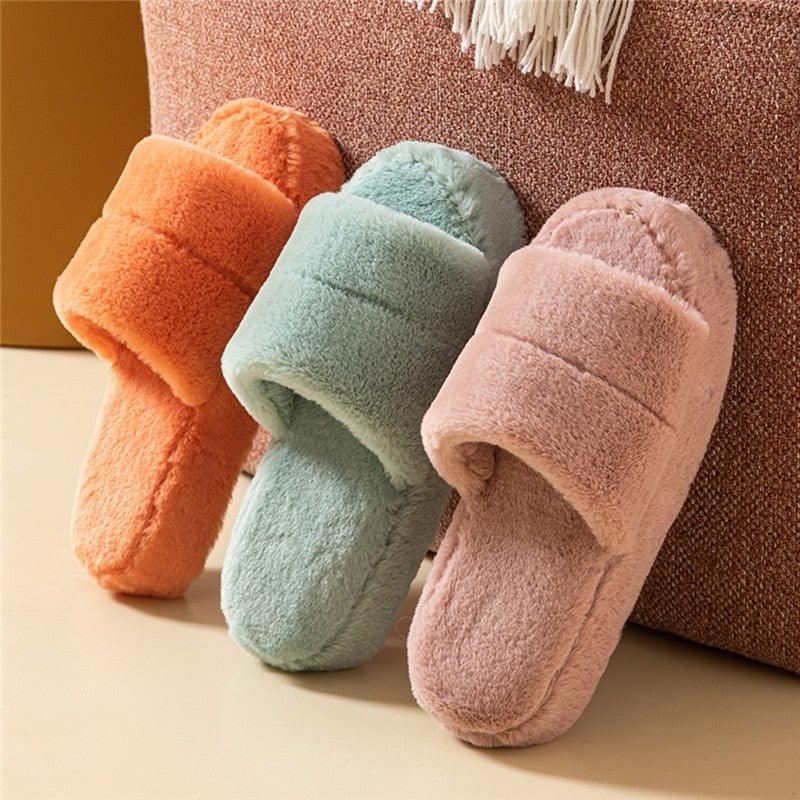Women's Plush Faux Fur Open Toe Slippers, Soft Memory Foam House Shoes