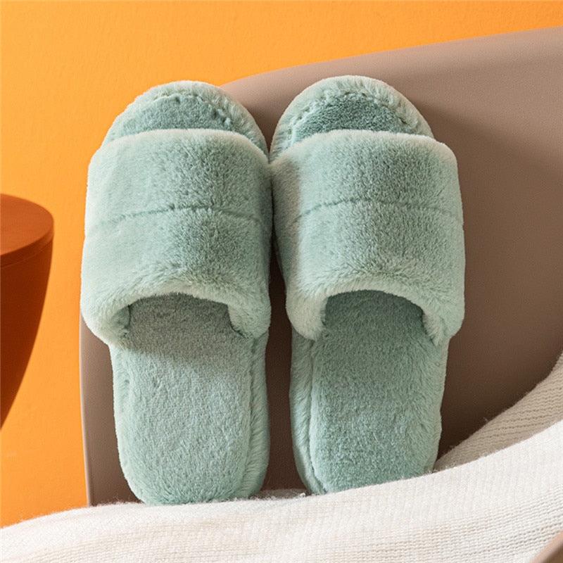Women's Plush Faux Fur Open Toe Slippers, Soft Memory Foam House Shoes