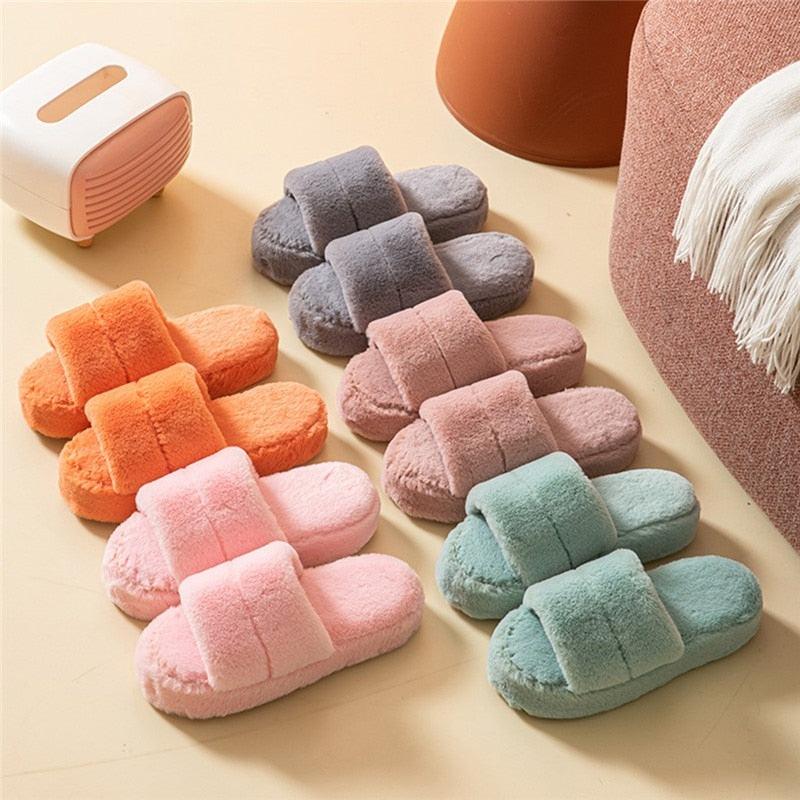 Women's Plush Faux Fur Open Toe Slippers, Soft Memory Foam House Shoes