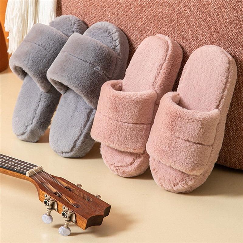 Women's Plush Faux Fur Open Toe Slippers, Soft Memory Foam House Shoes
