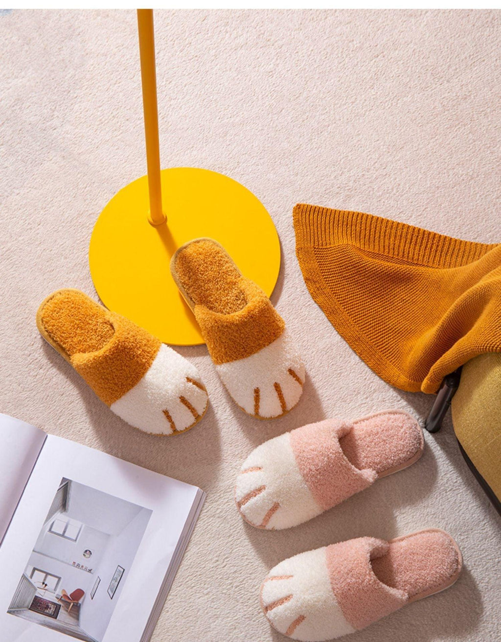Cute Cat Paw Furry Slippers – Women's Warm Winter Indoor Slides