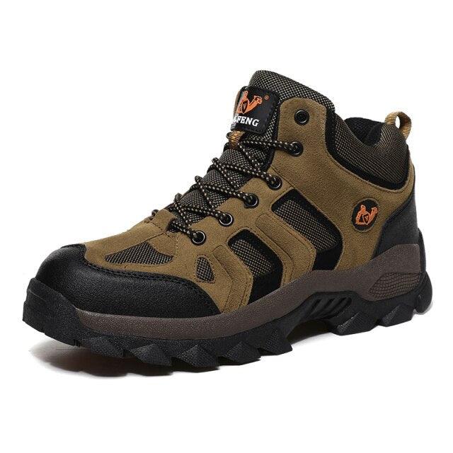 LFENG men's brown leather high-top snow boots with lace-up front and thick rubber soles