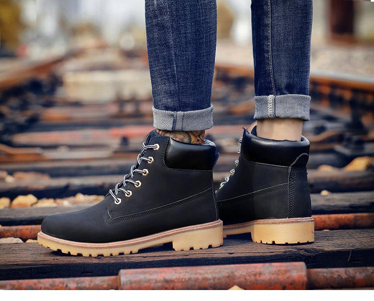 Men's Leather Winter Ankle Boots, Warm Fur Lined Flat Snow Shoes