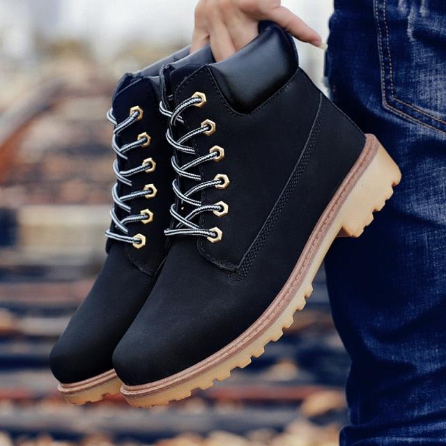 Men's Leather Winter Ankle Boots, Warm Fur Lined Flat Snow Shoes