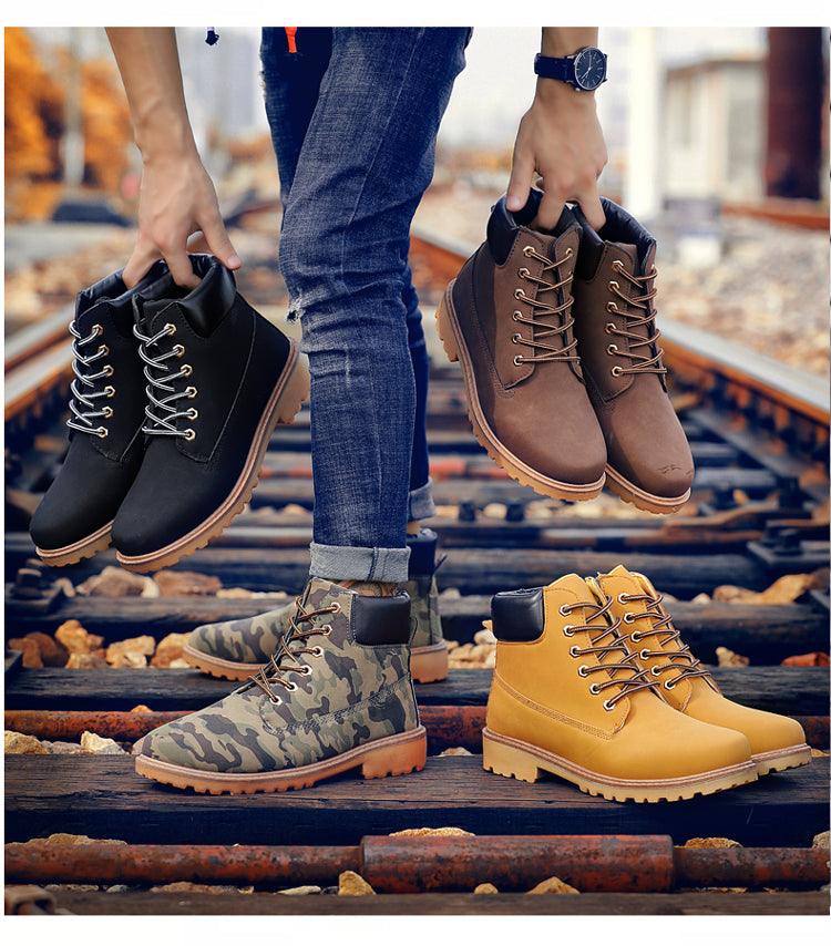 Men's Leather Winter Ankle Boots, Warm Fur Lined Flat Snow Shoes