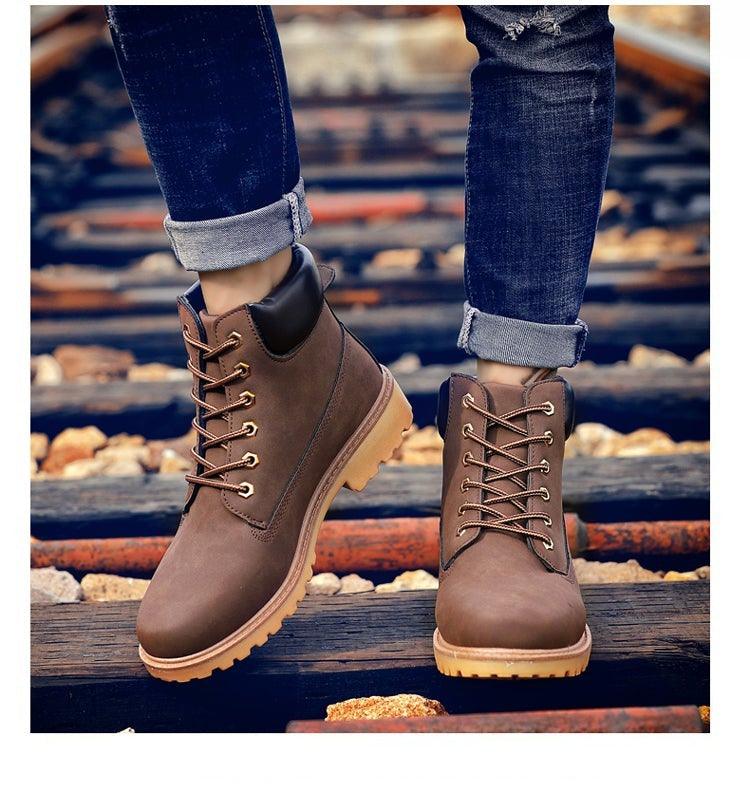 Men's Leather Winter Ankle Boots, Warm Fur Lined Flat Snow Shoes
