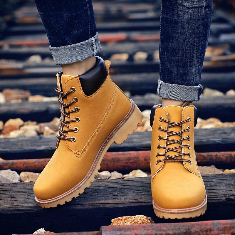 Men's Leather Winter Ankle Boots, Warm Fur Lined Flat Snow Shoes