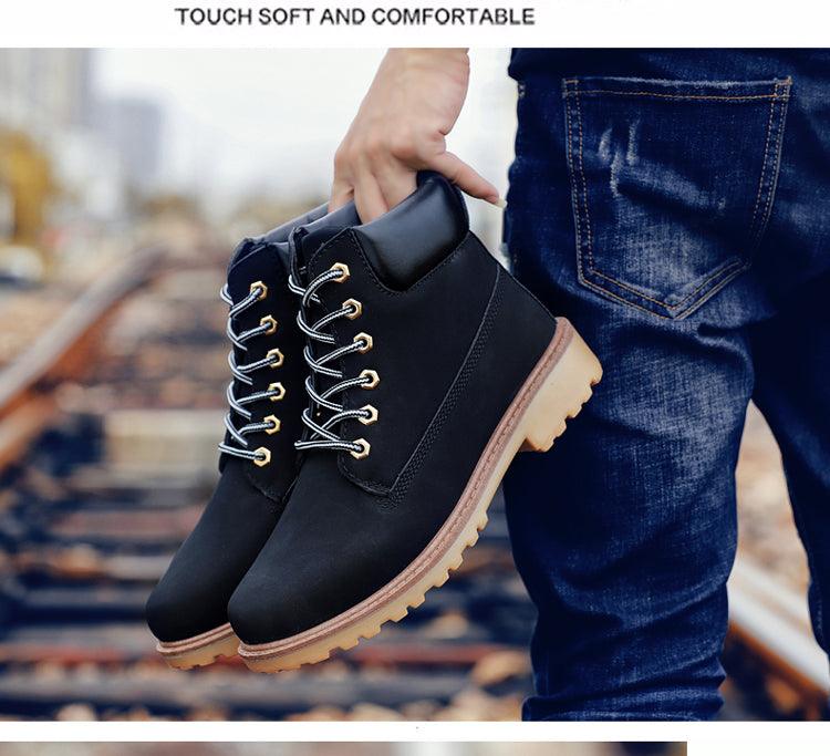 Men's Leather Winter Ankle Boots, Warm Fur Lined Flat Snow Shoes