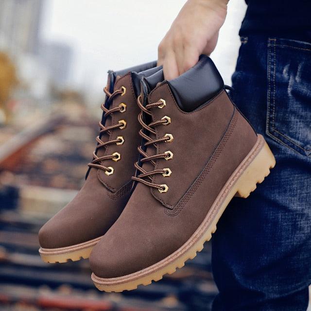 Men's Leather Winter Ankle Boots, Warm Fur Lined Flat Snow Shoes
