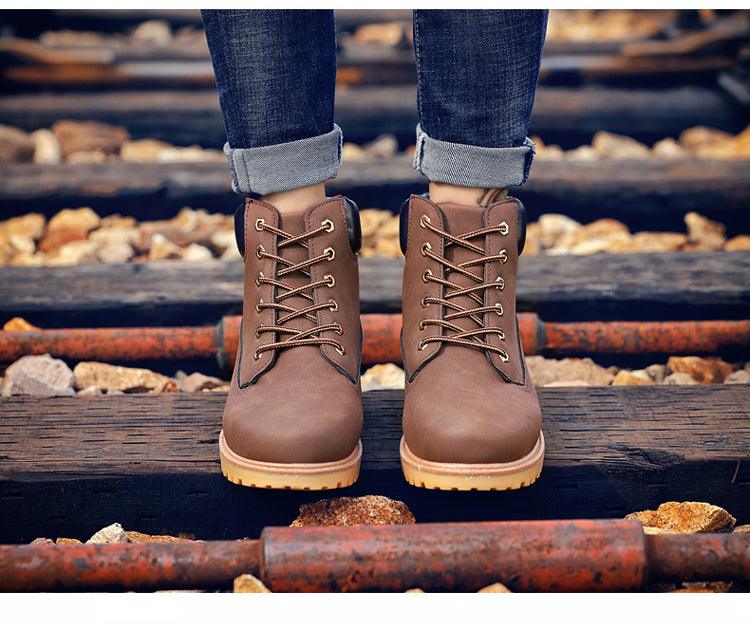 Men's Leather Winter Ankle Boots, Warm Fur Lined Flat Snow Shoes