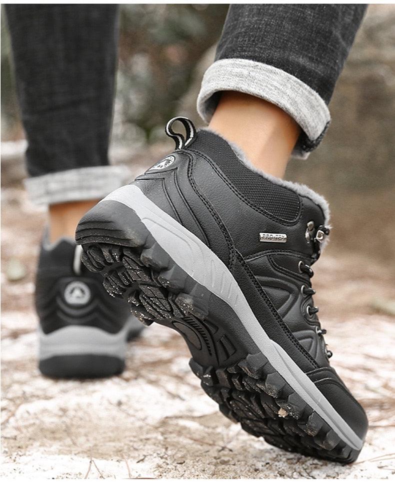 Waterproof Men's Leather Snow Boots, Fur Lined Rugged Winter Shoes