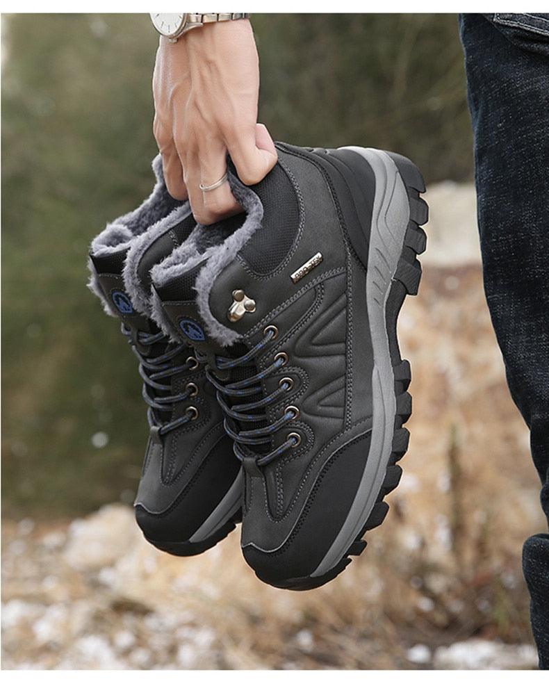 Waterproof Men's Leather Snow Boots, Fur Lined Rugged Winter Shoes