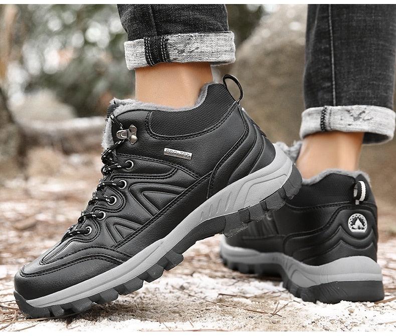 Waterproof Men's Leather Snow Boots, Fur Lined Rugged Winter Shoes