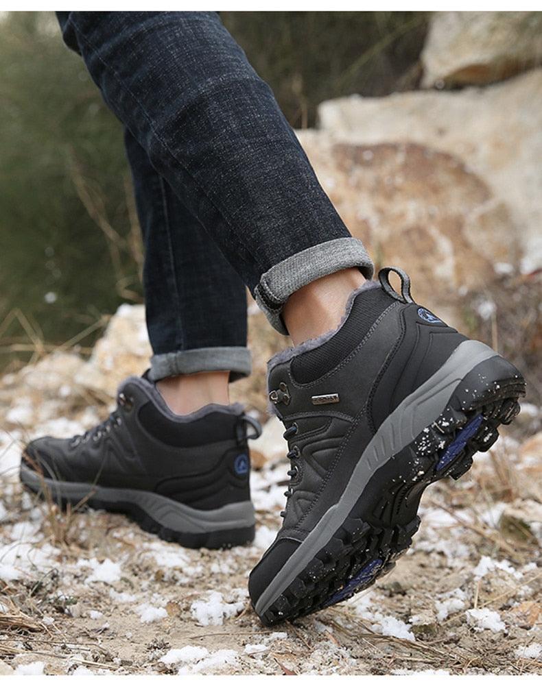 Waterproof Men's Leather Snow Boots, Fur Lined Rugged Winter Shoes