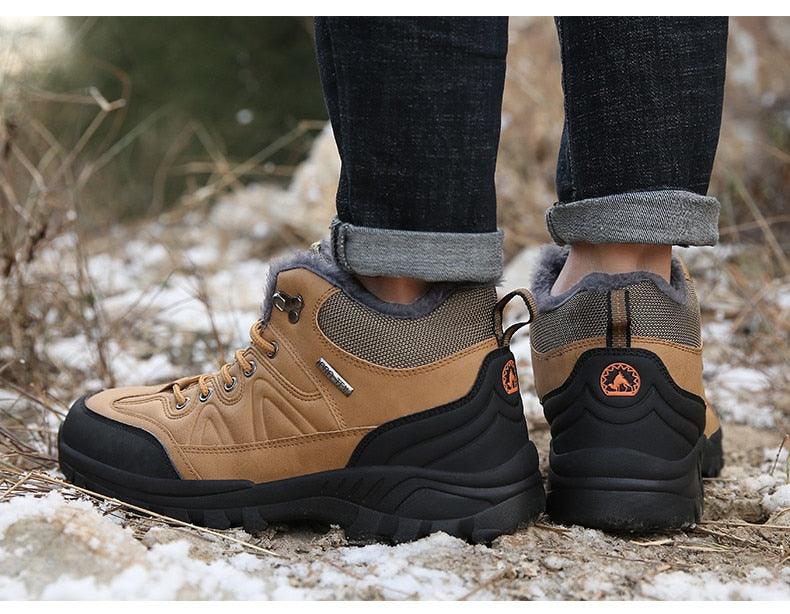 Waterproof Men's Leather Snow Boots, Fur Lined Rugged Winter Shoes